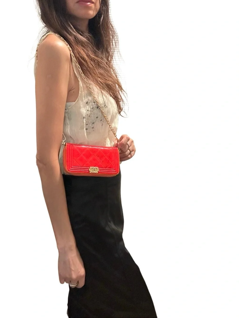CHANEL Quilted Patent Zip Wallet in Bright Orange